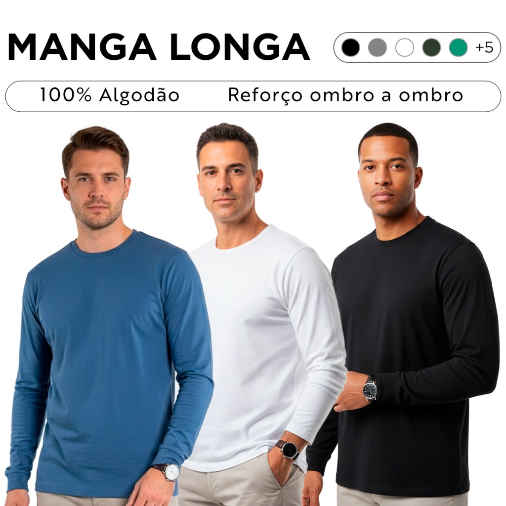 Kit 3 Camisetas Manga Longa Básica Lisa Masculina 100% Algodão Confortável Toque Macio Frio Manga Comprida