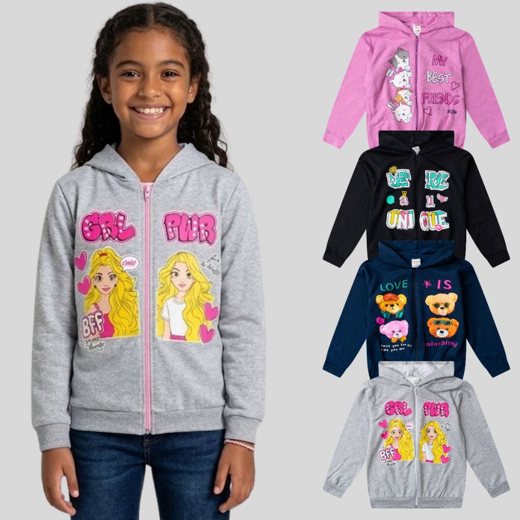 Jaqueta Infantil Menina com Capuz Zíper Moletom Estampado Casaco Juvenil Inverno Quentinho