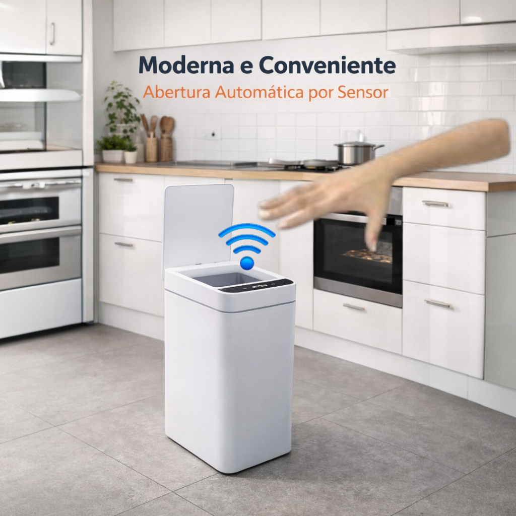 Lixeira Automática Branca 12L  Sensor de Movimento Inteligente Slim Sem Toque  Automática Anti Odor