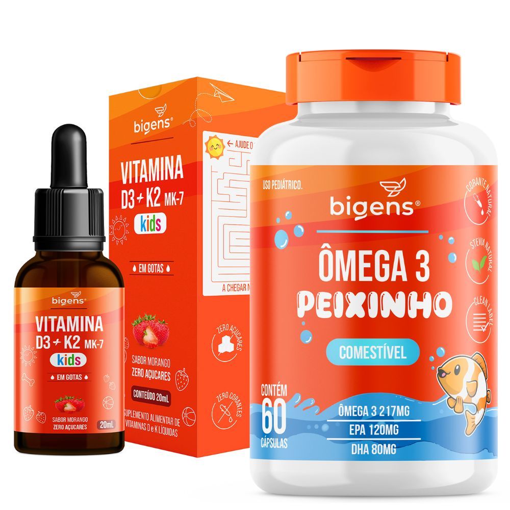 Kit Infantil Ômega 3 Peixinho Mastigável 60 Cápsulas + Vitamina D3 K2 MK7 Kids 20ml Bigens em Oferta na Shopee