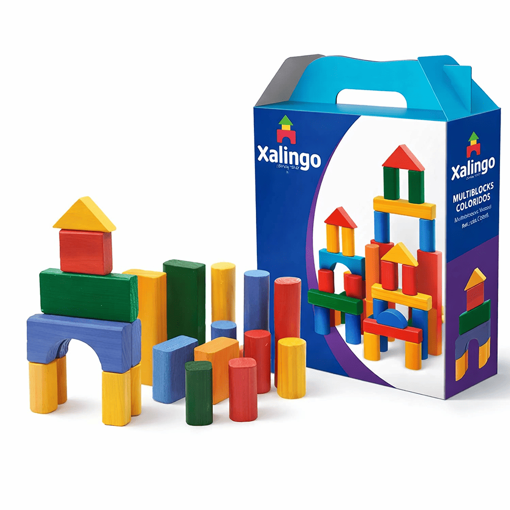 Blocos de Montar 50 Peças em Madeira Brinquedo Multiblocos Colorido Jogo Blocos