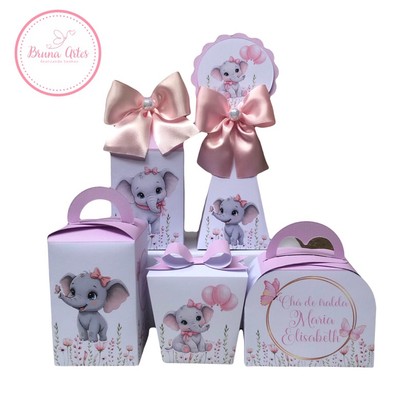 Kit ELEFANTINHO MENINA/PEGUE E MONTE/Rosa Personalizados Lembrancinhas caixinhas