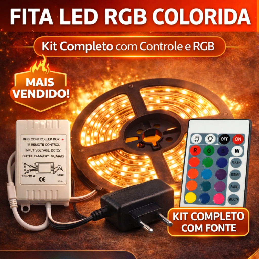 Fita LED RGB 5m com FONTE e Controle – Colorida e Branco Quente e Frio 16 Cores 12V Kit Completo Decoração Home Store