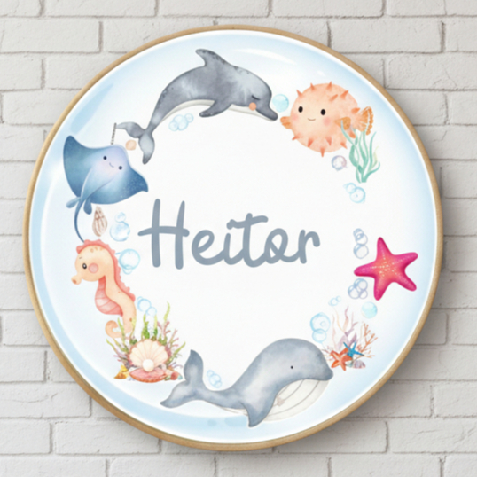Enfeite Porta Maternidade Fundo do Mar Menino Bastidor 30cm Nome Personalizado Quadro Quarto Bebê