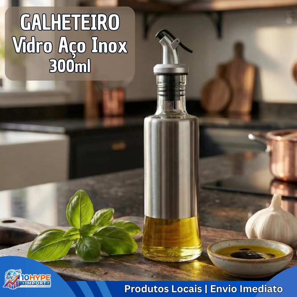 Galheteiro Garrafa de Vidro 300ml com Bico Dosador Azeite Vinagre Oleo Shoyu Aço Inox Antivazamento