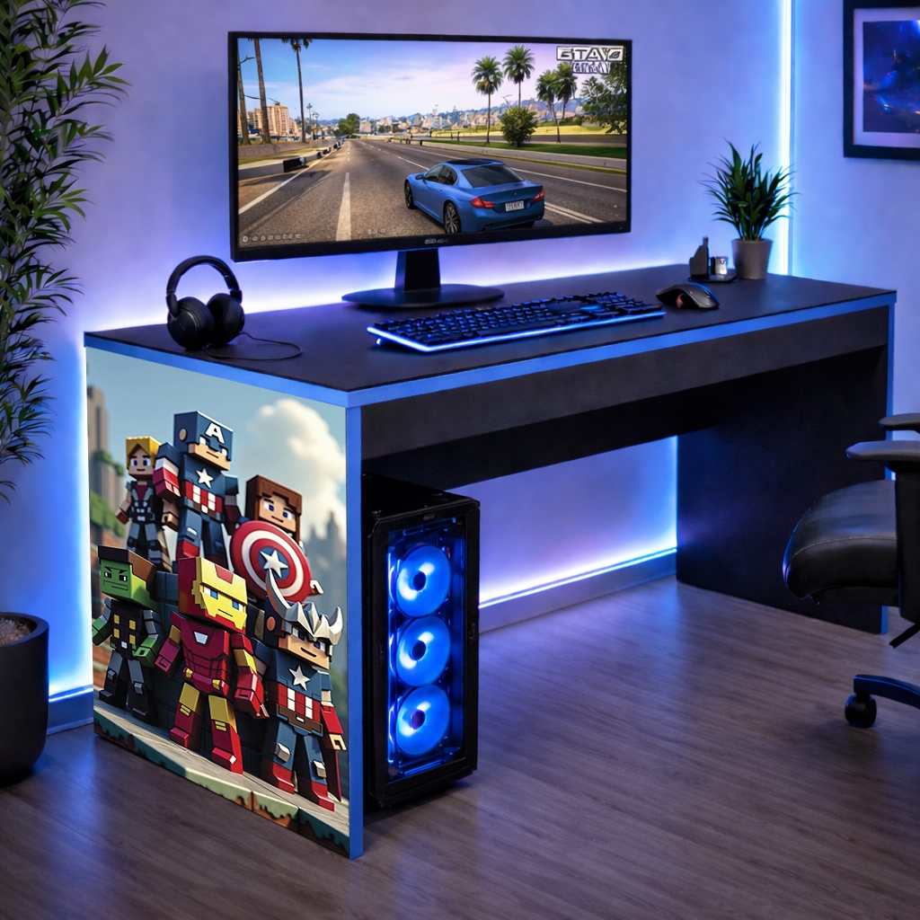 Mesinha de Informática Gamer Minecraft 90 cm Preto com Azul