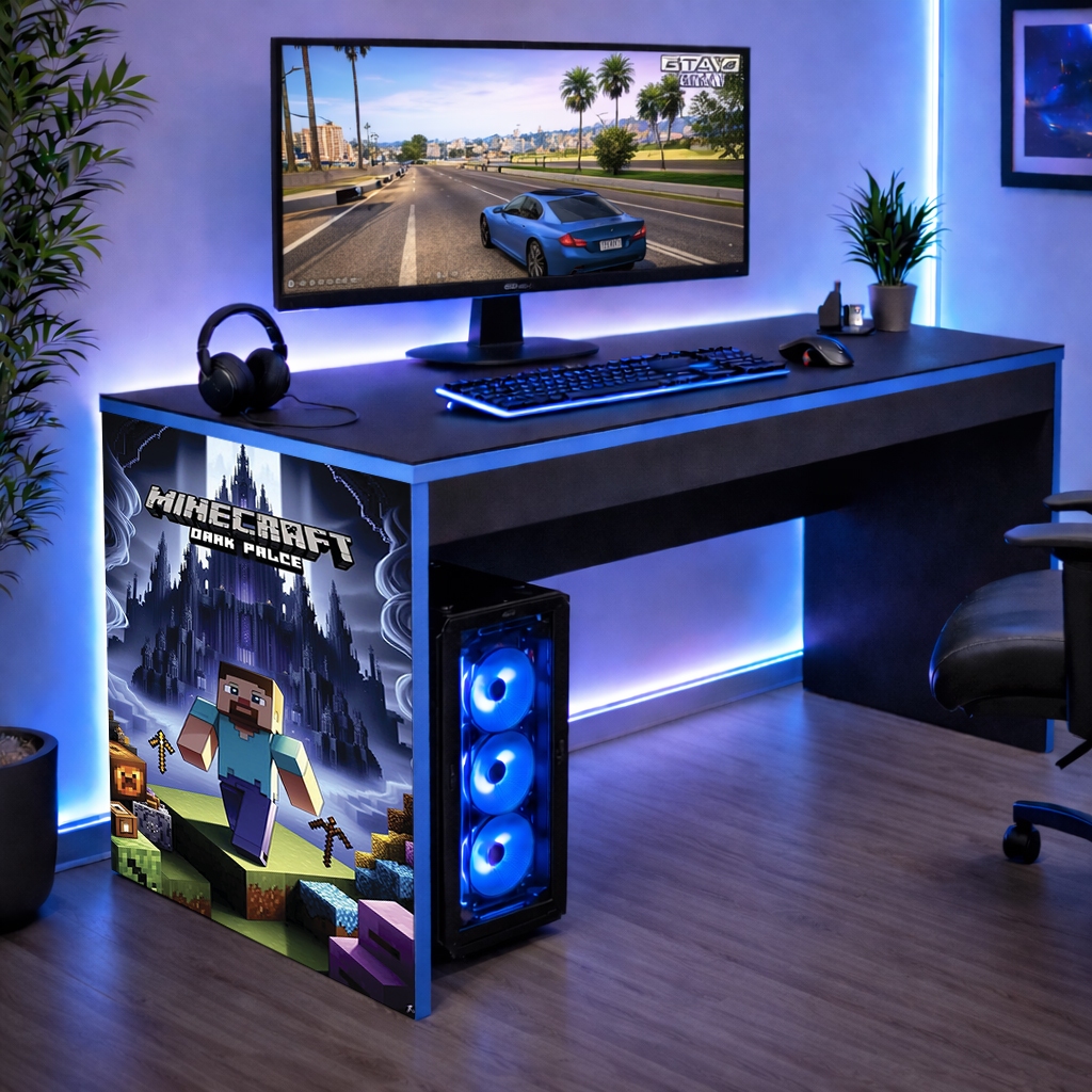 Mesa Informática Gamer 90 cm Tema Minecraft com Bordas Azuis