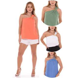 Blusa Feminina Alça Única Fivela Orgânica Dourada Tecido Duna um Ombro Manga Mula Elegante