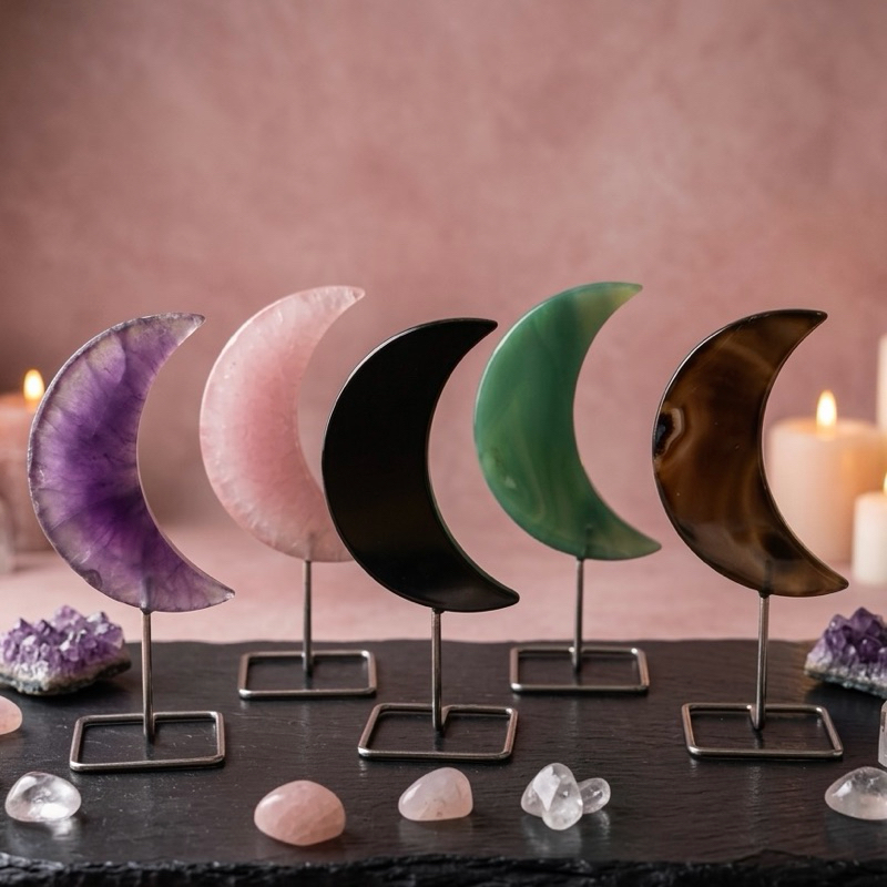 Lua de Ágata Natural com Suporte Metálico | Pedra Decorativa Espiritual | Cristal de Harmonia e Proteção