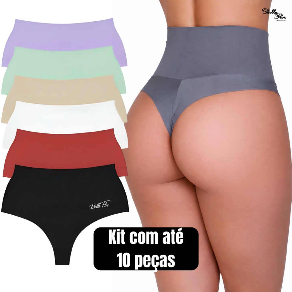 Kit com até 10 Calcinhas Modeladoras Cintura Alta Cós Duplo Fio Duplo Segura Barriga Fitness Pós Parto