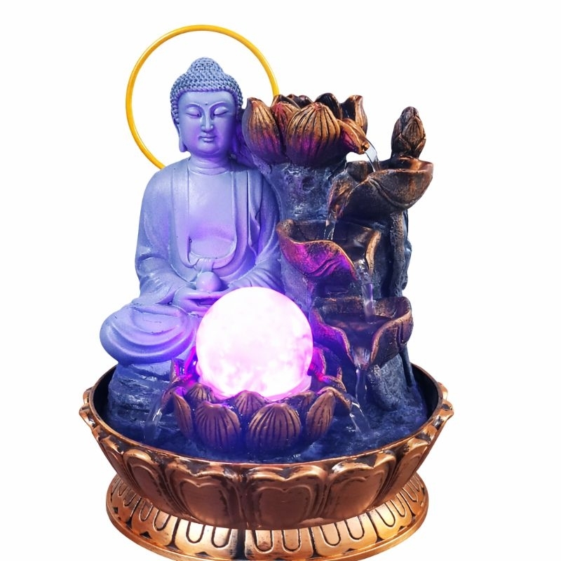 Imagem Fonte de Água Buda LED Cascata Zen 30cm Bivolt | Fonte Decorativa Feng Shui com Luz e Esfera de Cristal
