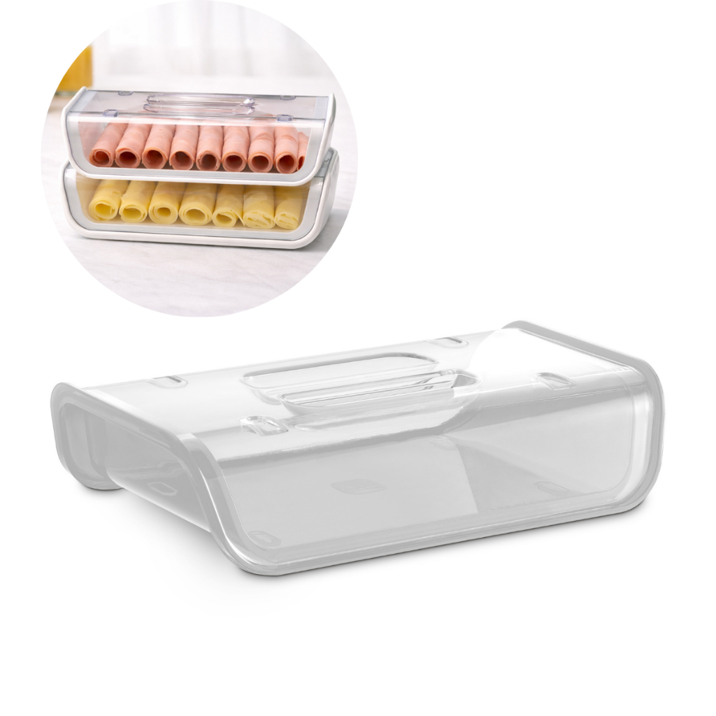 Porta Frios Presunto Queijo Kit Acrílico Resistente Duplex Com Tampa Hermético Empilhável