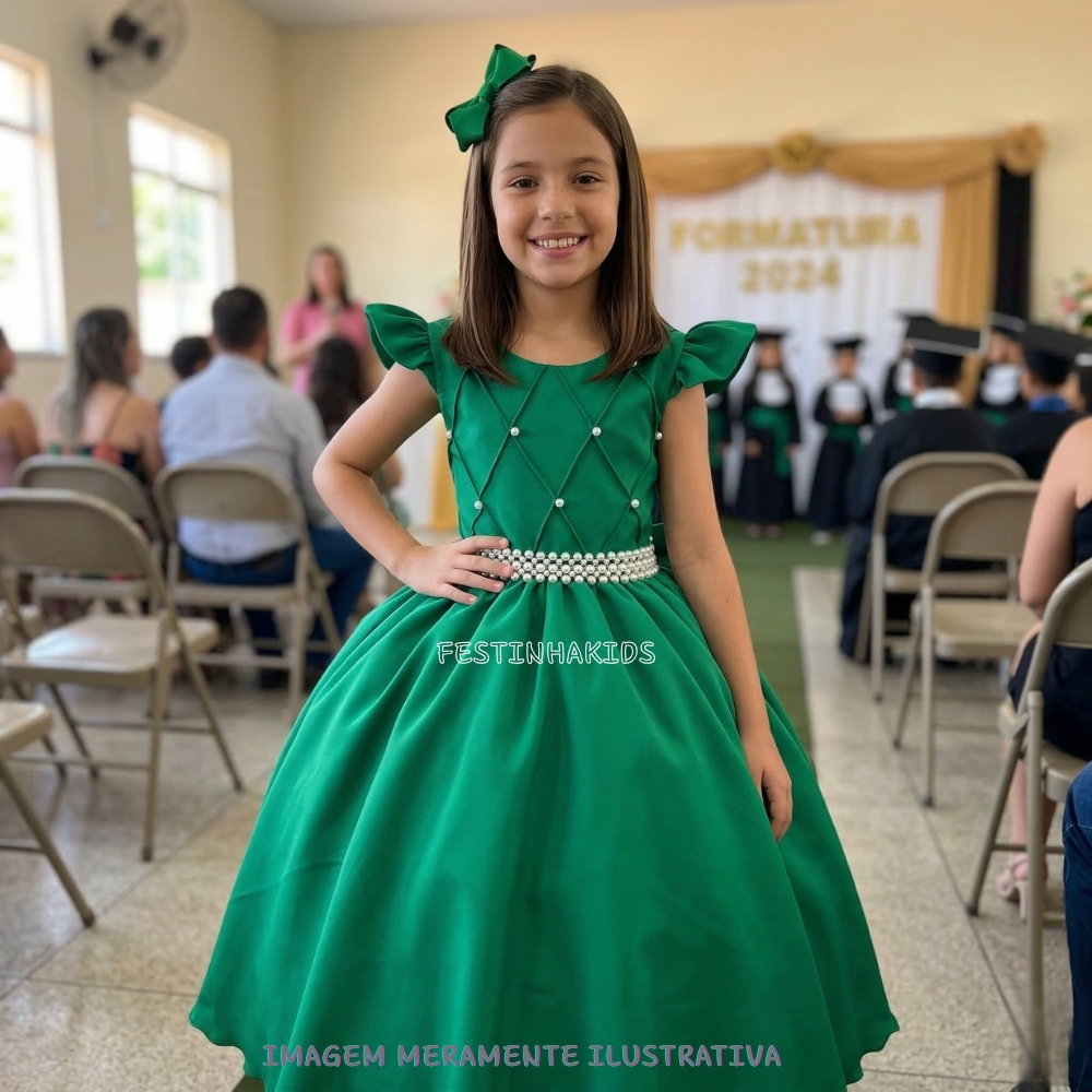 Vestido Infantil Juvenil Longo Verde Bandeira Festa Daminha Formatura Casamento Pérolas Tam 1 a 16