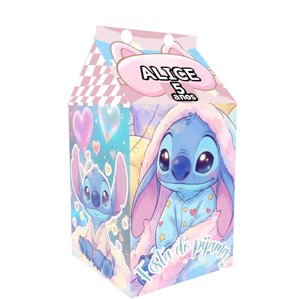 Caixinha MILK Festa do Pijama Stitch para Festa Personalizada - Lembrancinha para Festa