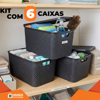 Kit 6 Cesto Caixa Organizadora Rattan 7 Litros Multiuso Preto