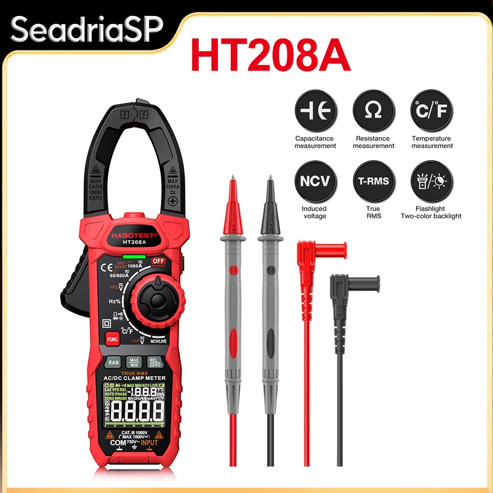 Pinça Amperimétrica Digital Ht208a 750v 1000A  AC De Corrente DC Alicate RMS Verdadeiro Amperímetro Voltímetro VFD REL em Oferta na Shopee