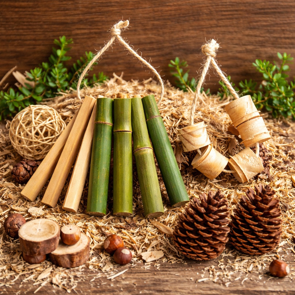 Kit Roedores 17 Peças Brinquedos Para Roer Madeira Pinus Pinha Bambu Coelho Hamster Porquinho India