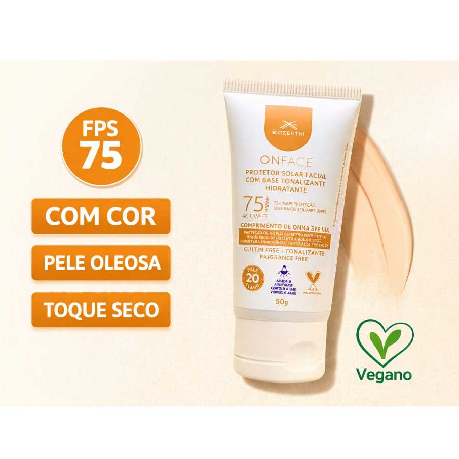 Protetor Solar Facial FPS75 com Cor Toque Seco Pele Oleosa Vegano Base Natural Biozenthi Cor Claro 2.0