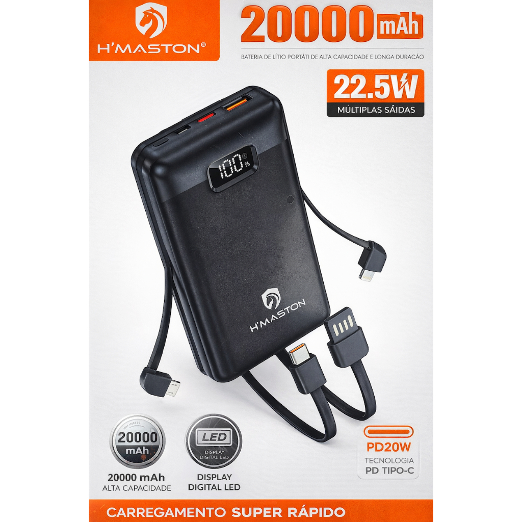 Power Bank 2000mAh Múltiplas Saídas Carregamento Rápido H'maston