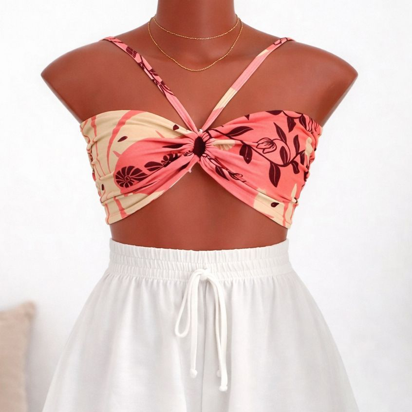 Cropped Feminino Top de Amarração Multiformas Inspiração Rio Carioca Tropical Moda Primavera Verão Blogueira Estampado
