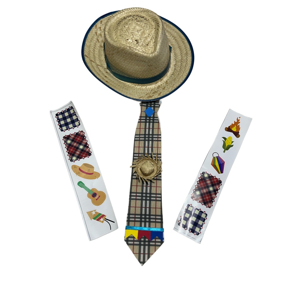 Kit Gravata Xadrez Festa Junina + Chapéu De Palha e adesivo para calça