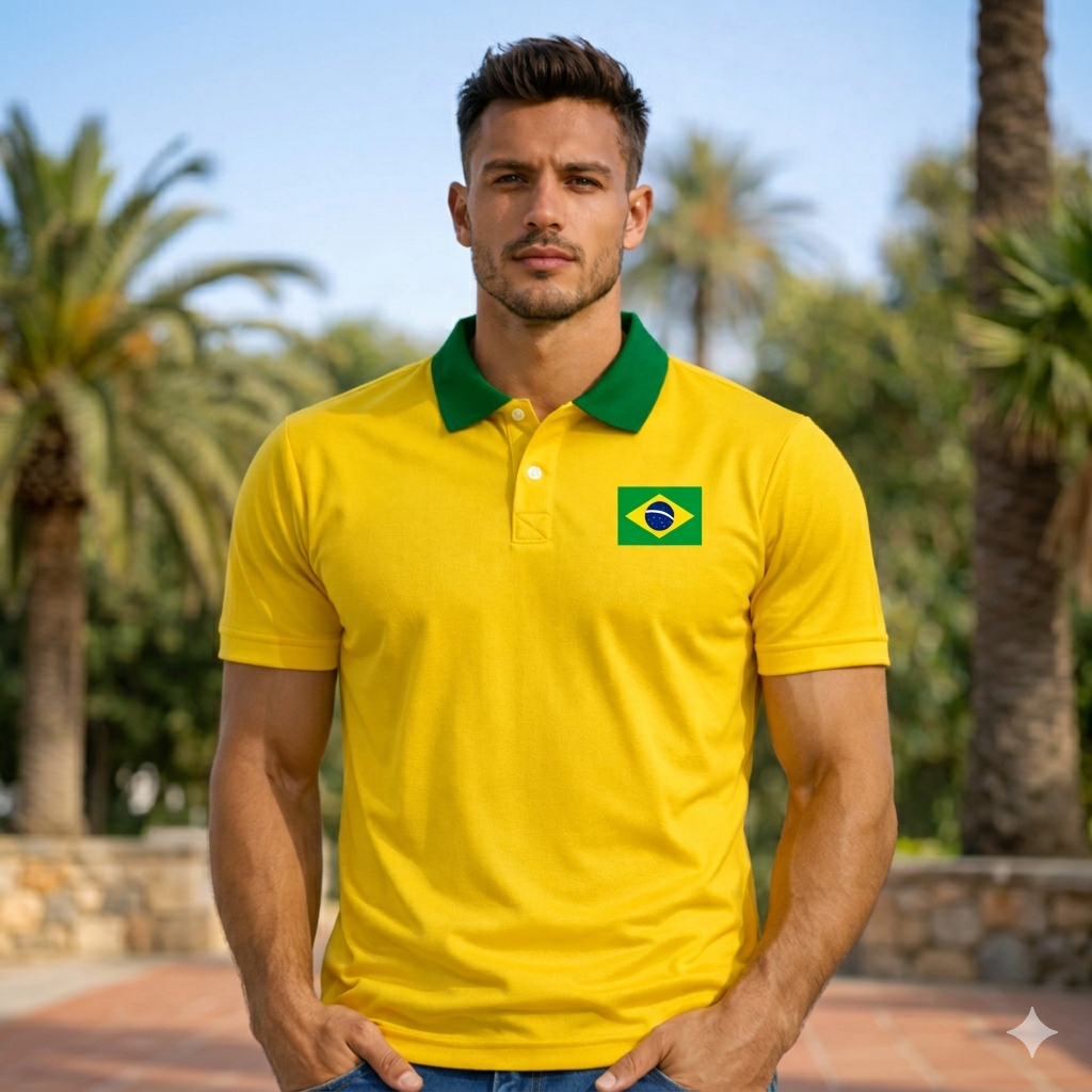 Camiseta Polo Brasil Bandeira Bordado Estilo Casual Torcedor Moda Masculina  para Copa