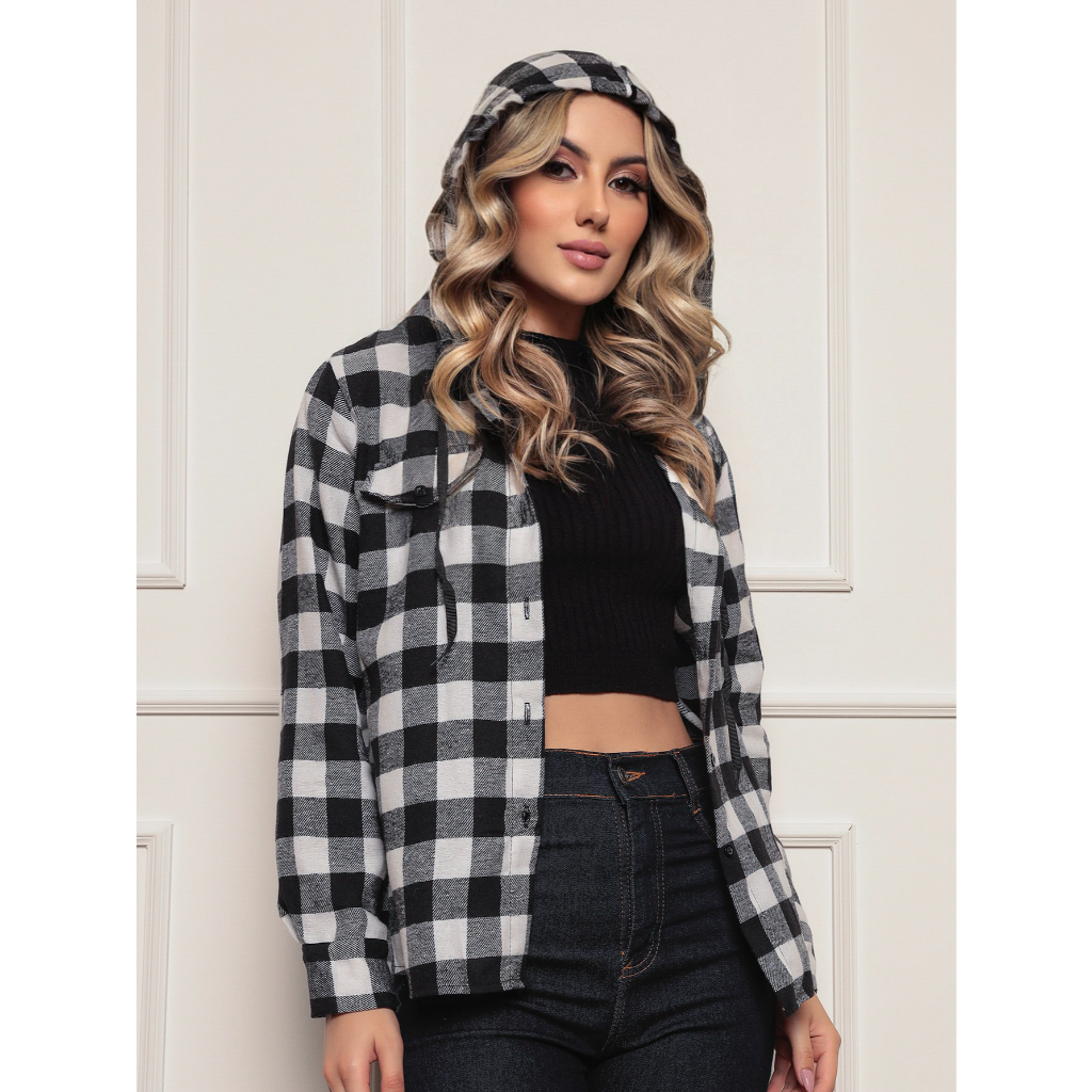 Camisa Flanelada Feminina Xadrez com Capuz Inverno Quentinha Casual