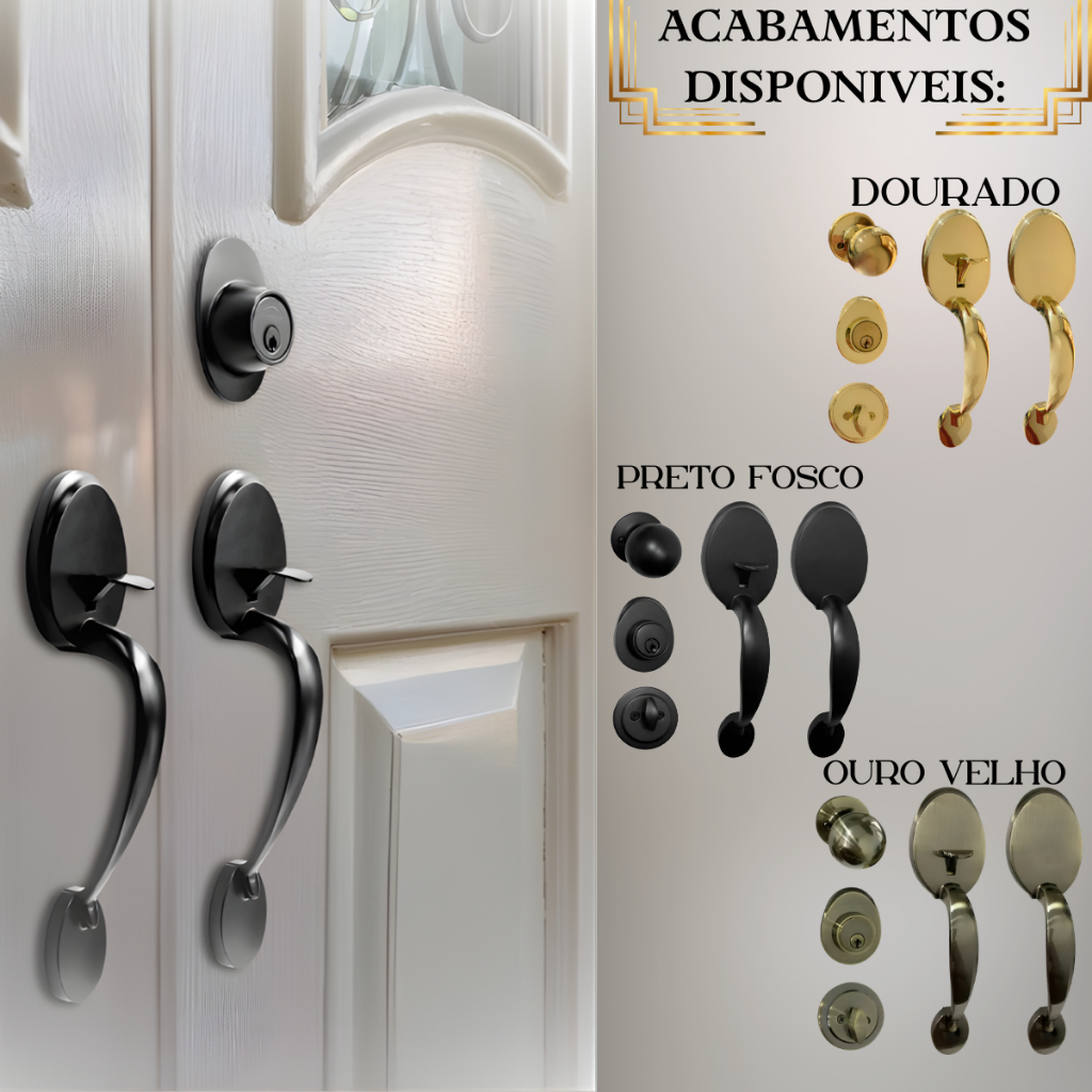 Fechadura com Puxador Blim Blim Duplo Colonial Para Porta de Madeira Folha Dupla Dourado, Preto ou Ouro Velho