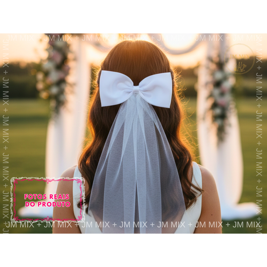 Laço De Cetim Tule  para Noivas - Veu de Noiva Casamento - Penteado De Noiva - Laço De Cabelo Feminino - Civil Igreja