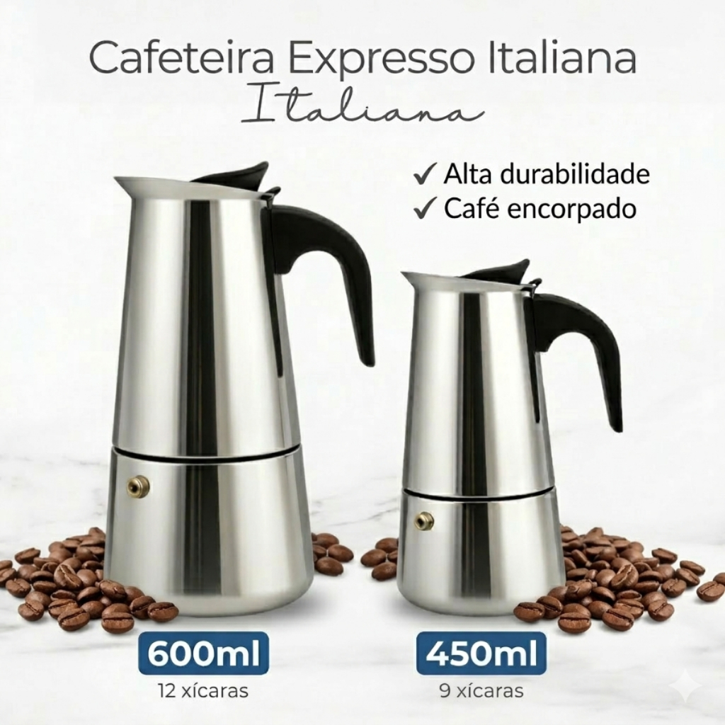 Imagem Cafeteira Italiana Inox Moka 9 ou 12 Xícaras 450ml / 600ml Café Expresso Fogão