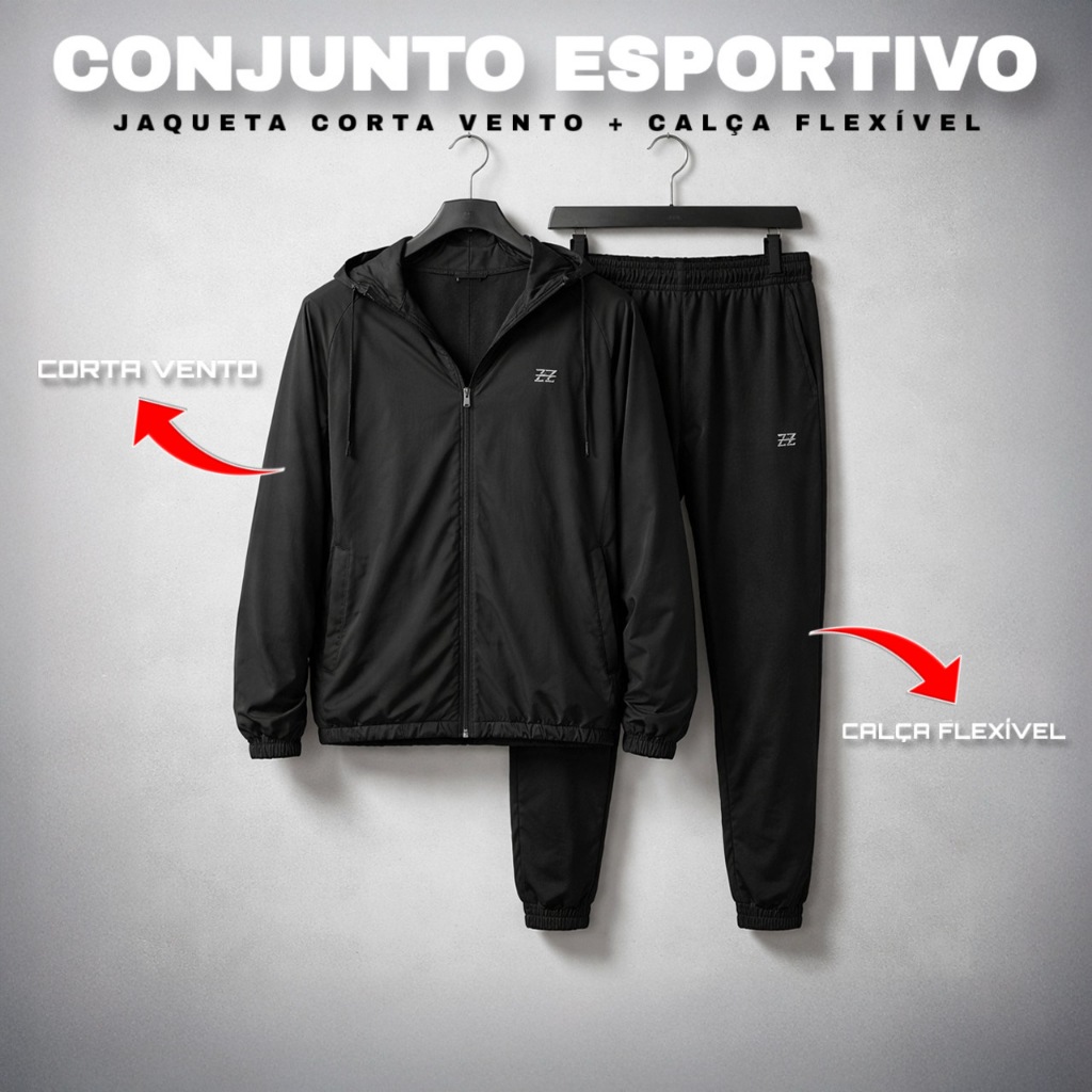 Jaqueta Corta Vento e Calça Flexível Conjunto Masculino Esportivo Academia Treino Corrida Resistente a Agua