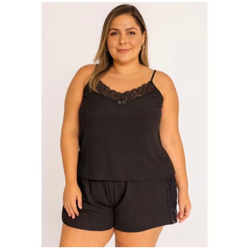 Pijama Baby Doll Feminino Plus Size Canelado Com Renda