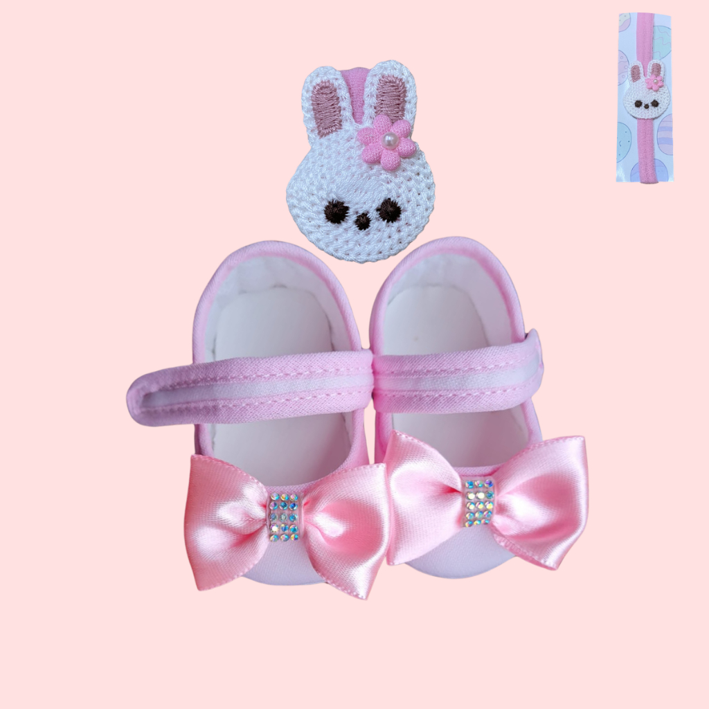 Sapatinho Bebê Menina Rosa Boneca com Laço Velcro + Faixa Tiarinha Cabelo Kit Infantil 0 a 12 Meses