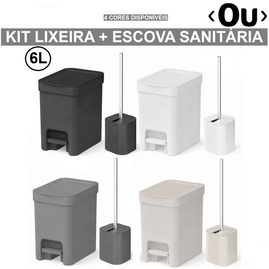 Kit Lixeira com Pedal 6L Escova Sanitária OU Trium/Dual Banheiro Moderno