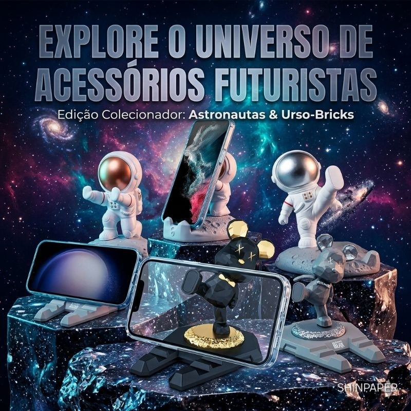Suporte Celular Astronauta Urso-Brick Low-Poly Edition - Acessório Setup Gamer Interestelar - Colecionável Premium