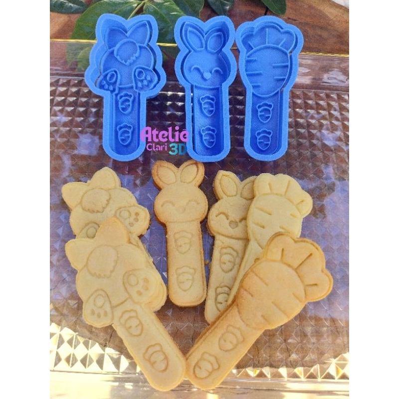 KIT CARIMBO E CORTADOR DE BISCOITO PÁSCOA/CARIMBO COELHO/CORTADOR COELHO/LÍNGUA DE GATO