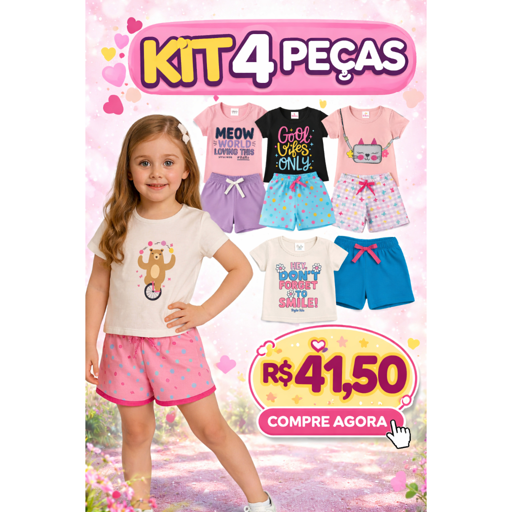 Kit 4 Peças Conjunto Infantil Menina Sortidos Verão Look Estilosa Algodão Feminino Roupinha