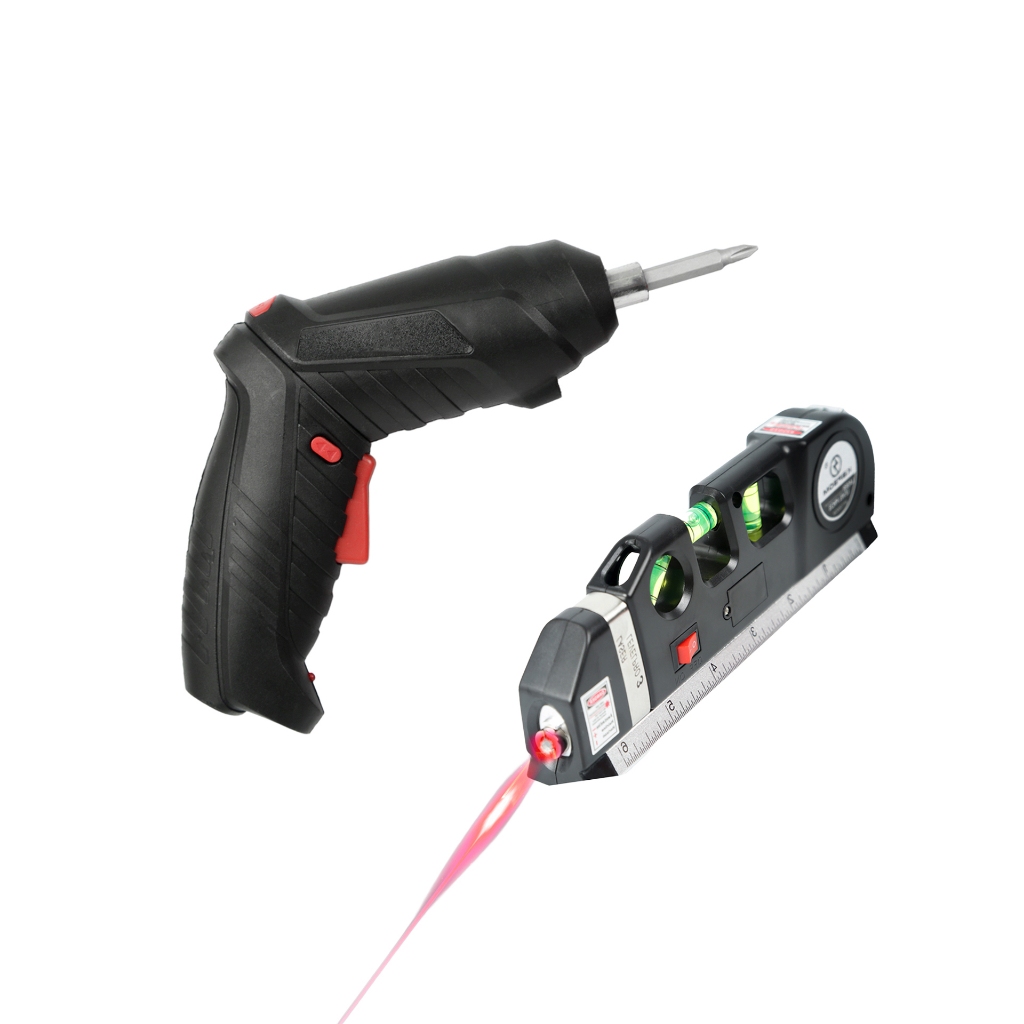 Nível a Laser 3 Linhas com Trena + Parafusadeira Elétrica Recarregável 47 Peças | Precisão e Praticidade em Reparos e Co