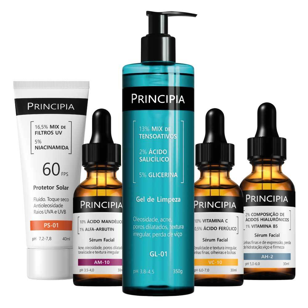Principia Kit Avançado Pele Luminosa c/ Gel de Limpeza GL-01 + VC-10 + AM-10 + AH-02 + Protetor Solar PS-01 FPS60