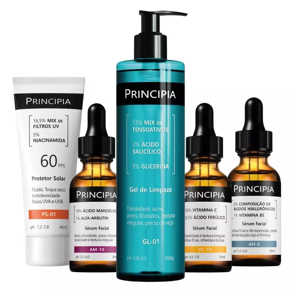 Principia Kit Avançado Pele Luminosa c/ Gel de Limpeza GL-01 + VC-10 + AM-10 + AH-02 + Protetor Solar PS-01 FPS60