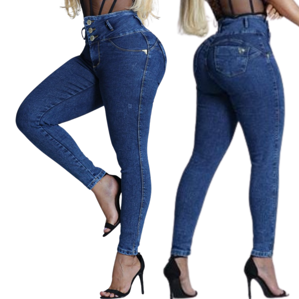 Calça Jeans Feminina Cintura Alta com 3 Botões Modeladora Levanta Bumbum 36 ao 48 em Oferta na Shopee