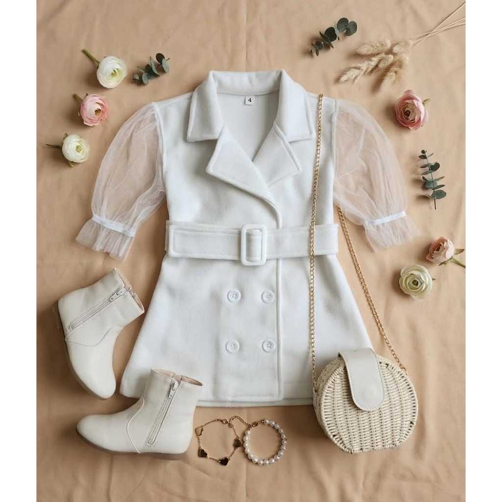 Vestido Sobretudo Infantil Elegante de Lâ Batida com Manga Tule e Cinto – Look Festa Luxo 4 anos a 12 anos