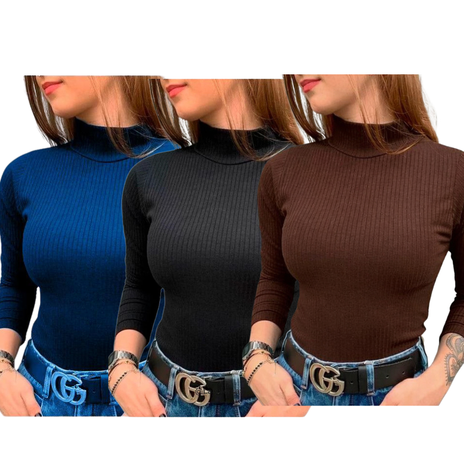Kit 3 Blusa de Frio CACHARREL Feminina Gola Alta Canelado