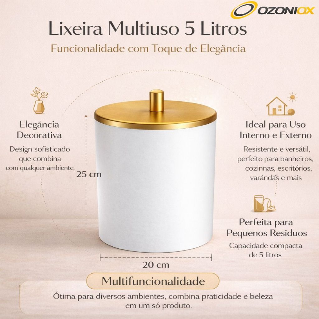 Lixeira Multiuso 5 Litros Branca Com Tampa Dourada Ideal Para Presentes e Decoração — imagem 2 de 2