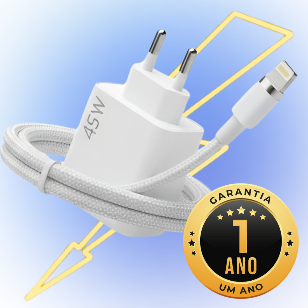 Carregador Turbo 45W USB-C para iPhone Fonte Rápida com Cabo Lightning Original Duplo USB-C Apple em Oferta na Shopee
