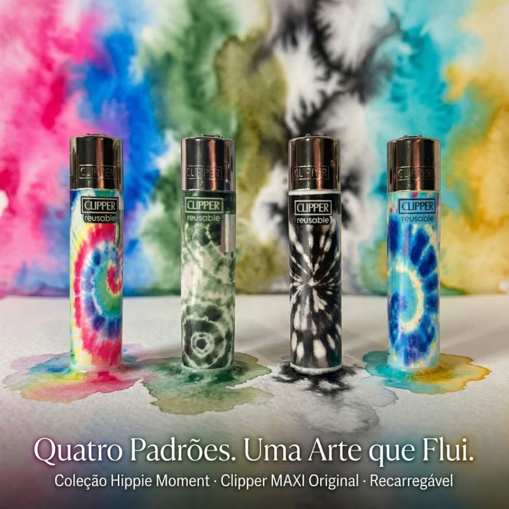 Kit 4 Unidades Clipper Original MAXI Hippie Moment Tie-Dye Fluido + Pedra & Pilador - sem gás
