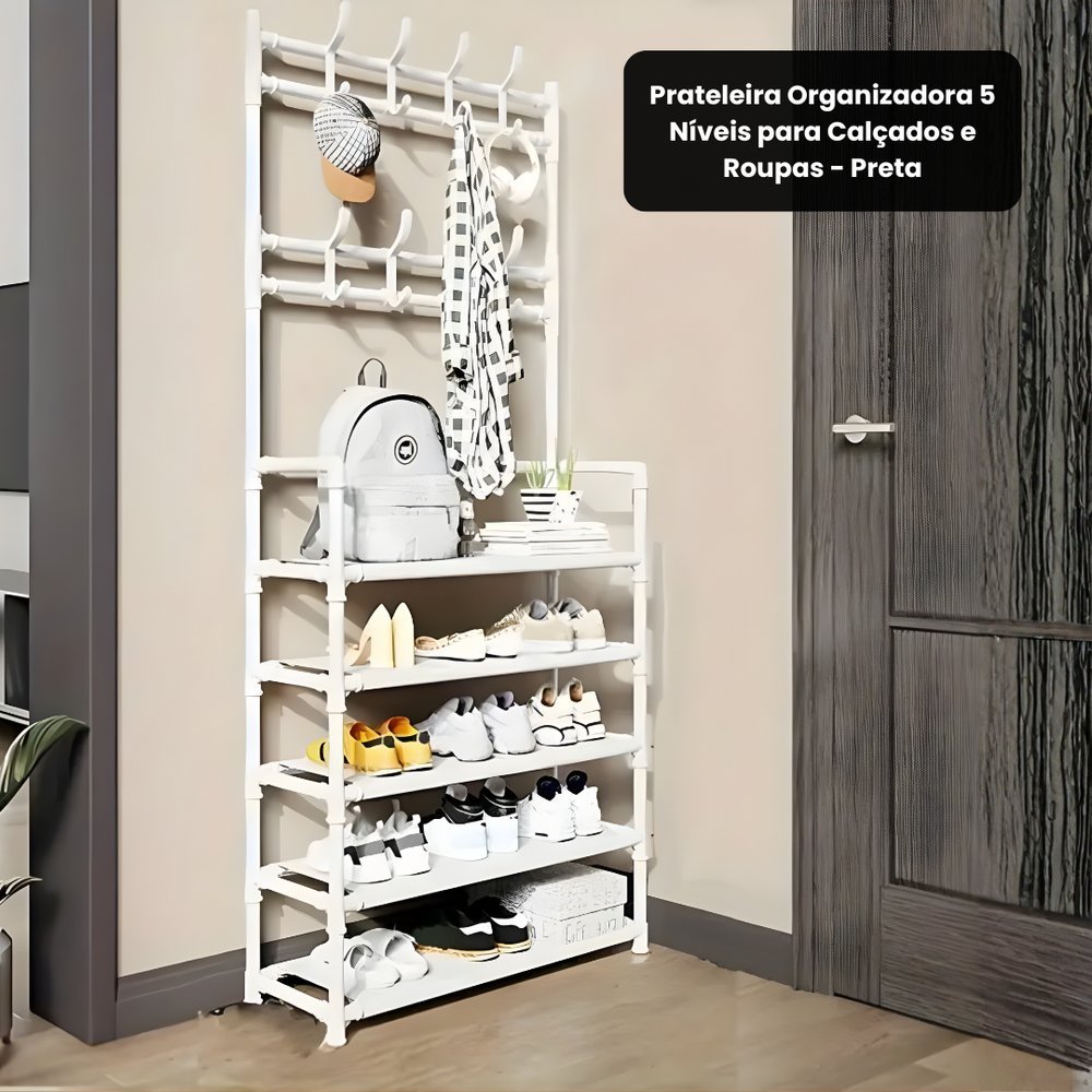 Prateleira Organizadora 5 Níveis com Ganchos Sapateira Vertical Multiuso Closet Lavanderia Branco/Preto