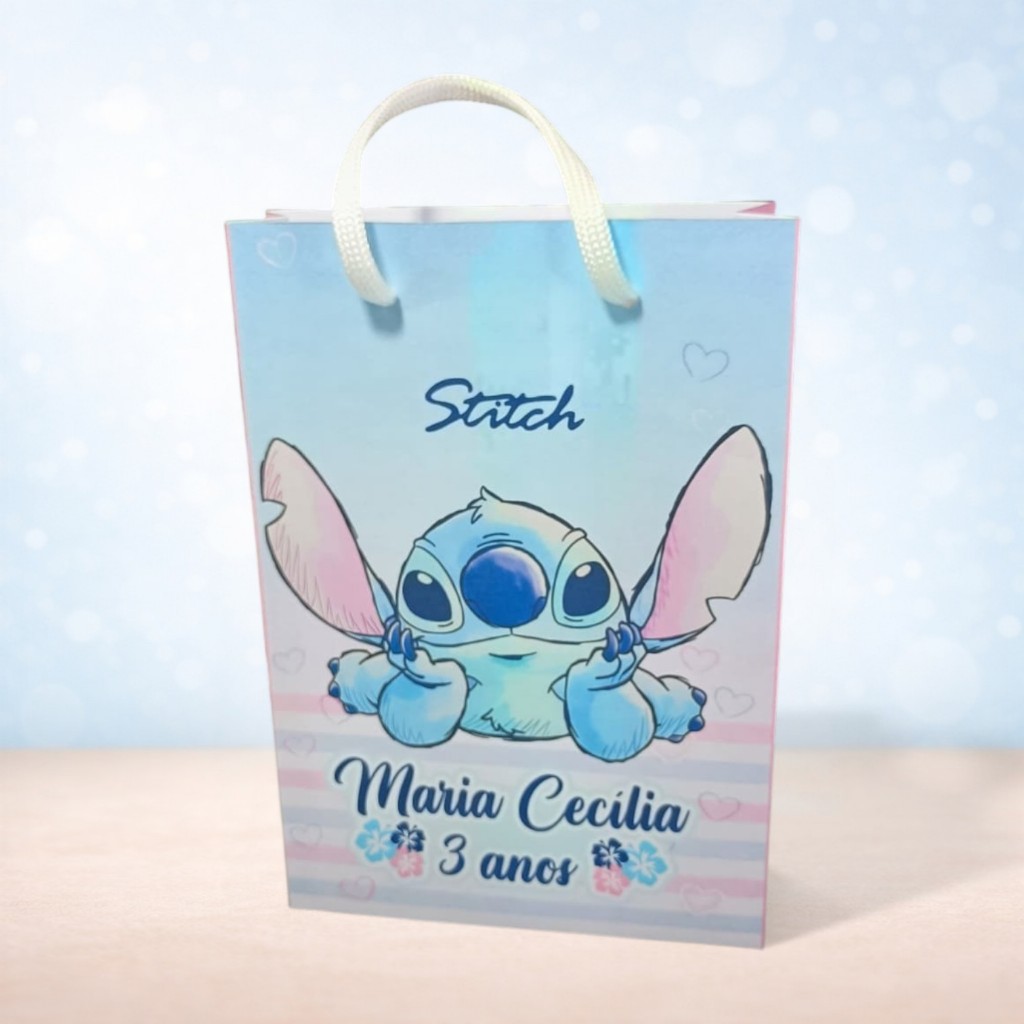 Sacolas Personalizadas 20x13,5cm Stitch Aquarela Lembrancinha Aniversário Festa Infantil Fácil Montagem