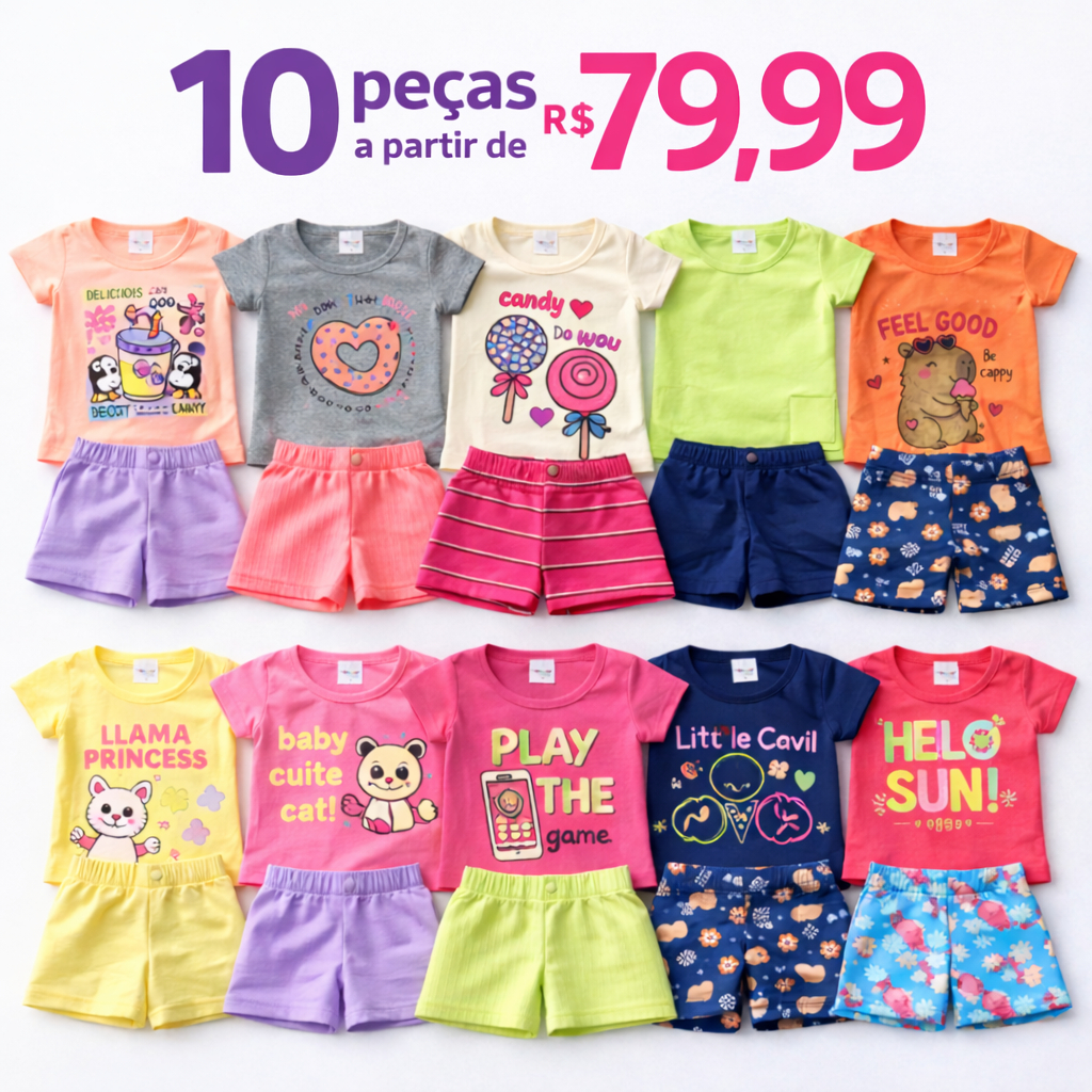 Kit 10 Peças Roupas Infantil Menina Sortido Verão - 5 Camisetas + 5 Shorts - Criança Feminina