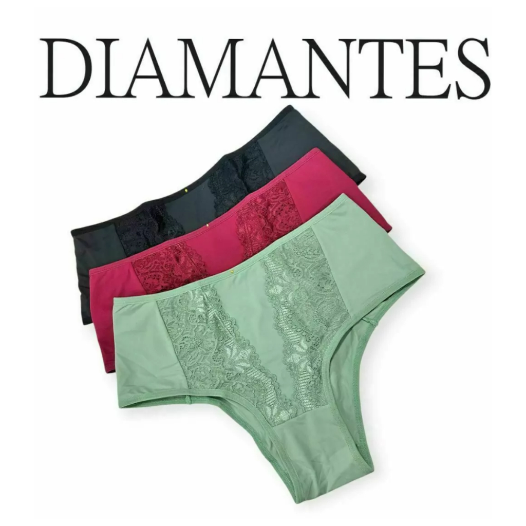 KIT COM 3 CALCINHAS COM RENDA DIAMANTES LINGERIE PERFEITO ALTA DURABILIDADE COM CONFORTO E ELEGÂNCIACINTURA ALTA